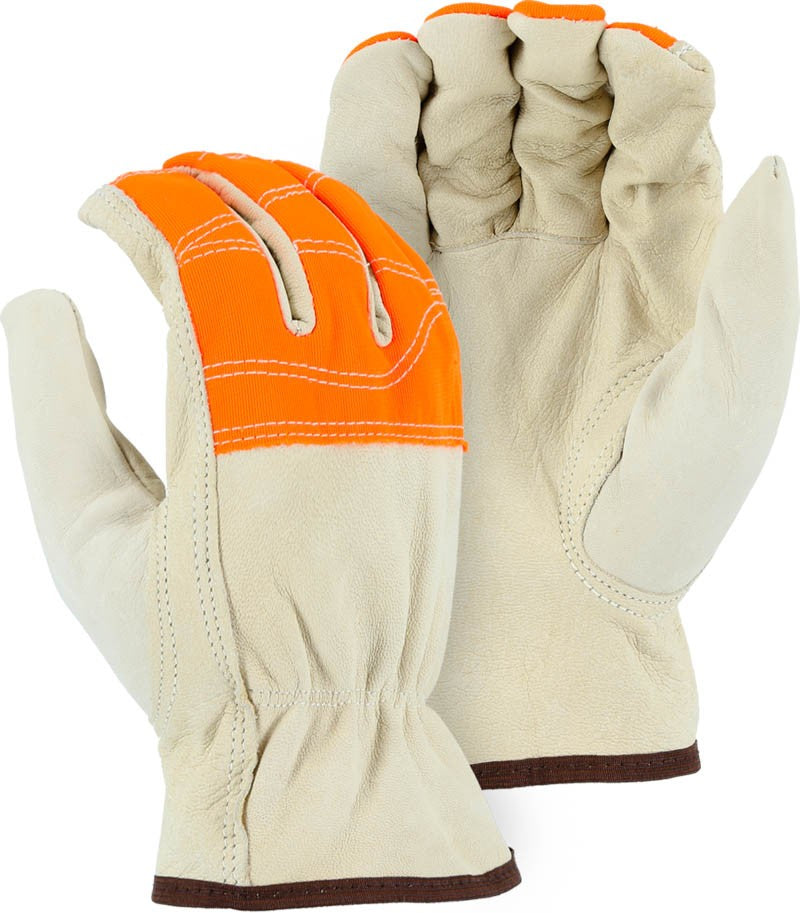 Majestic 1554HVO Goatskin with High Visibility Orange Cloth Fingers Drivers Glove, Orange (One Dozen)