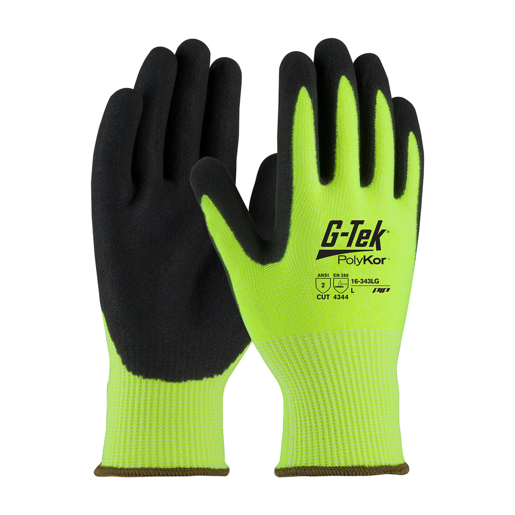 G-Tek PolyKor 16-343LG Hi-Vis Seamless Knit PolyKor Blended Double-Dipped Nitrile Coated MicroSurface Grip (One Dozen)