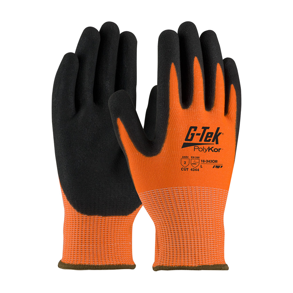 G-Tek PolyKor 16-343OR Hi-Vis Seamless Knit PolyKor Blended Double-Dipped Nitrile Coated MicroSurface Grip (One Dozen)