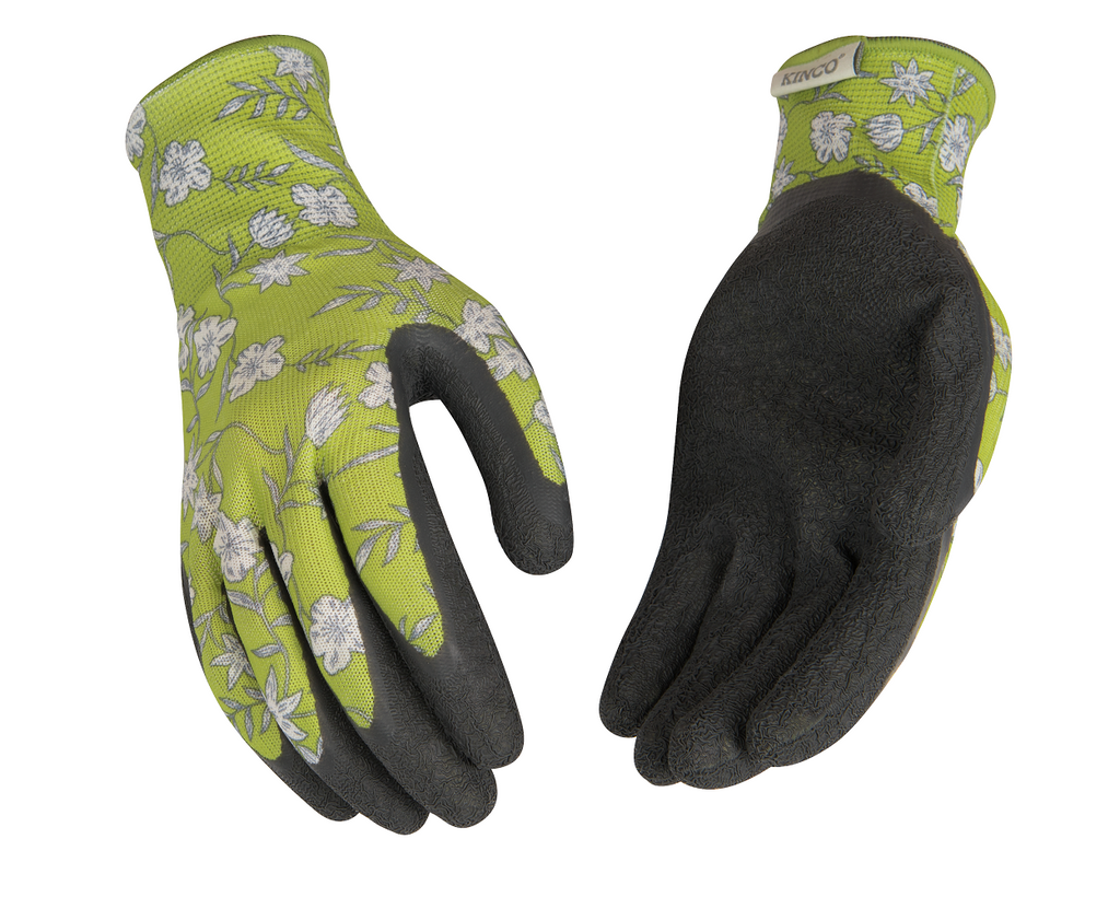 Kinco 1791W Women's Lime Green 13-Gauge Polyester-Cotton Knit Shell, Dark Gray Crinkle Latex Coated Palm Polyester and Elastic Knit Wrist (One Dozen)