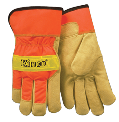 Kinco 1918 Hi-Vis Nylon Fabric Back Safety Cuff Grain Pigskin Palm Gloves (3 Pair)
