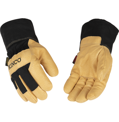 Kinco 1928 Golden Grain Pigskin Palm Lined Cotton-Blend Canvas Safety Cuff with Shirred Elastic Wrist Thermal Insulation Gloves (3 Pair)
