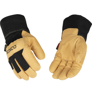 Kinco 1928 Golden Grain Pigskin Palm Lined Cotton-Blend Canvas Safety Cuff with Shirred Elastic Wrist Thermal Insulation Gloves (One Dozen)
