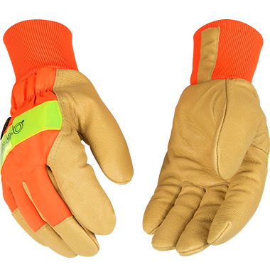 Kinco 1938KW Hi-Vis Nylon Fabric Back, Golden Grain Pigskin Palm Lined Knit Wrist Thermal Insulation Gloves (3 Pair) - image 1