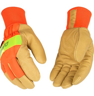 Kinco 1938KW Hi-vis Nylon Fabric Back, Golden Grain Pigskin Palm Lined Knit Wrist Thermal Insulation Gloves (One Dozen)