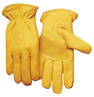 Kinco 198 Golden Premium Full Grain Cowhide Suede Cowhide Reinforcement Patch on Palm Easy-On Cuff Shirred Elastic Wrist Leather Hem Gloves (3 Pair)