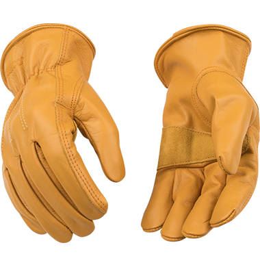 Kinco 198 Golden Premium Full Grain Cowhide Suede Cowhide Reinforcement Patch on Palm Easy-On Cuff Shirred Elastic Wrist Leather Hem Gloves (3 Pair)