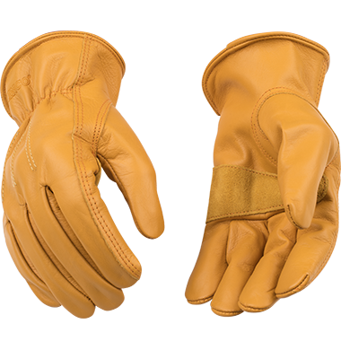 Kinco 198 Golden Premium Full Grain Cowhide Suede Cowhide Reinforcement Patch on Palm Easy-On Cuff Shirred Elastic Wrist Leather Hem Gloves (One Dozen)