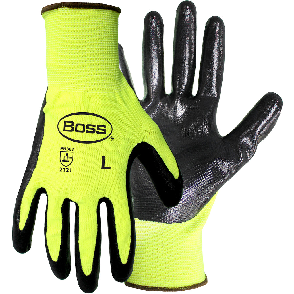 PIP 1UH7802 Boss Hi-Vis Seamless Knit Polyester Glove with Nitrile Coated Smooth Grip on Palm and Fingers (One Dozen)