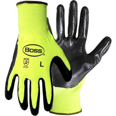 PIP 1UH7802 Boss Hi-Vis Seamless Knit Polyester Glove with Nitrile Coated Smooth Grip on Palm and Fingers (One Dozen)
