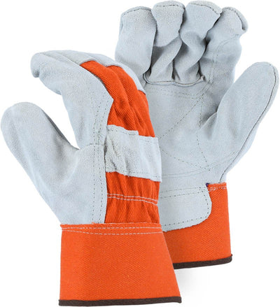 Majestic 2501CDP Split Cowhide Leather Palm with Internal Double Palm and Orange Canvas Back Glove (One Dozen)