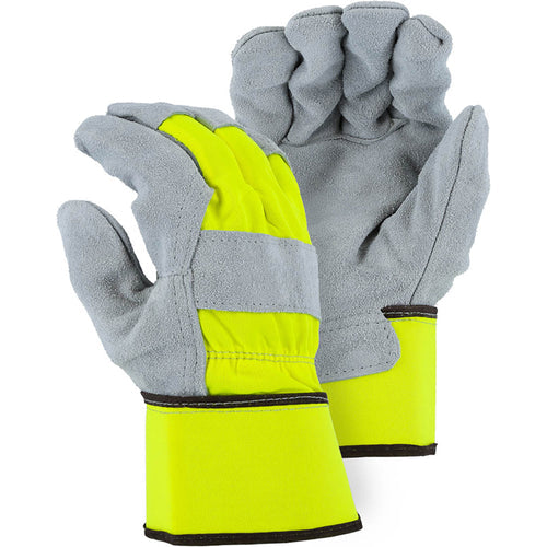 Majestic 2501CDY Split Cowhide Leather Palm Glove with Internal Double Palm and High Vis Yellow Canvas Back (One Dozen)