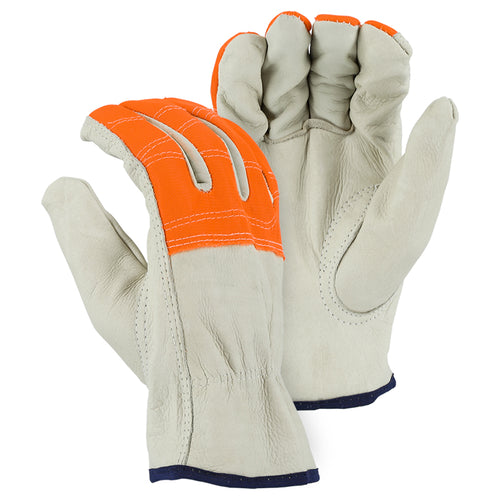 Majestic 2510HVO with High Visibility Orange Cloth Fingers Cowhide Drivers Glove (One Dozen)
