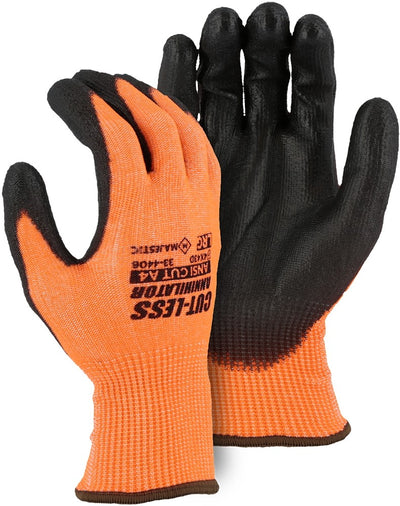 Majestic 33-4406 High Visibility Orange Cut-Less Annihilator with Polyurethane Palm Coating  Seamless Knit Glove (One Dozen)