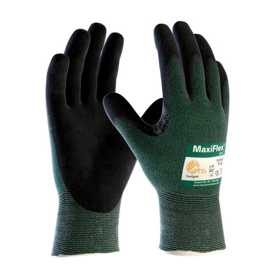 a pair of dark green, nitrile coated, and touchscreen compatible work gloves