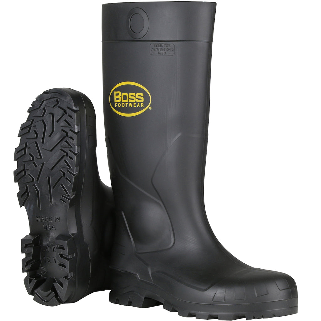 a pair of black PVC steel toe boots from Protective Industrial Products