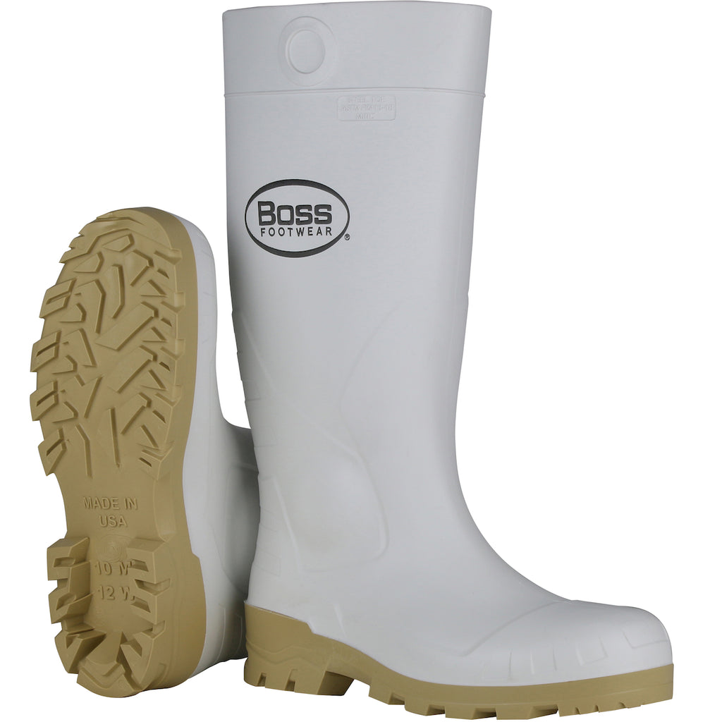 a pair of white waterproof PVC steel toe boots