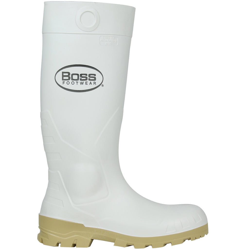 a white waterproof PVC steel toe boot