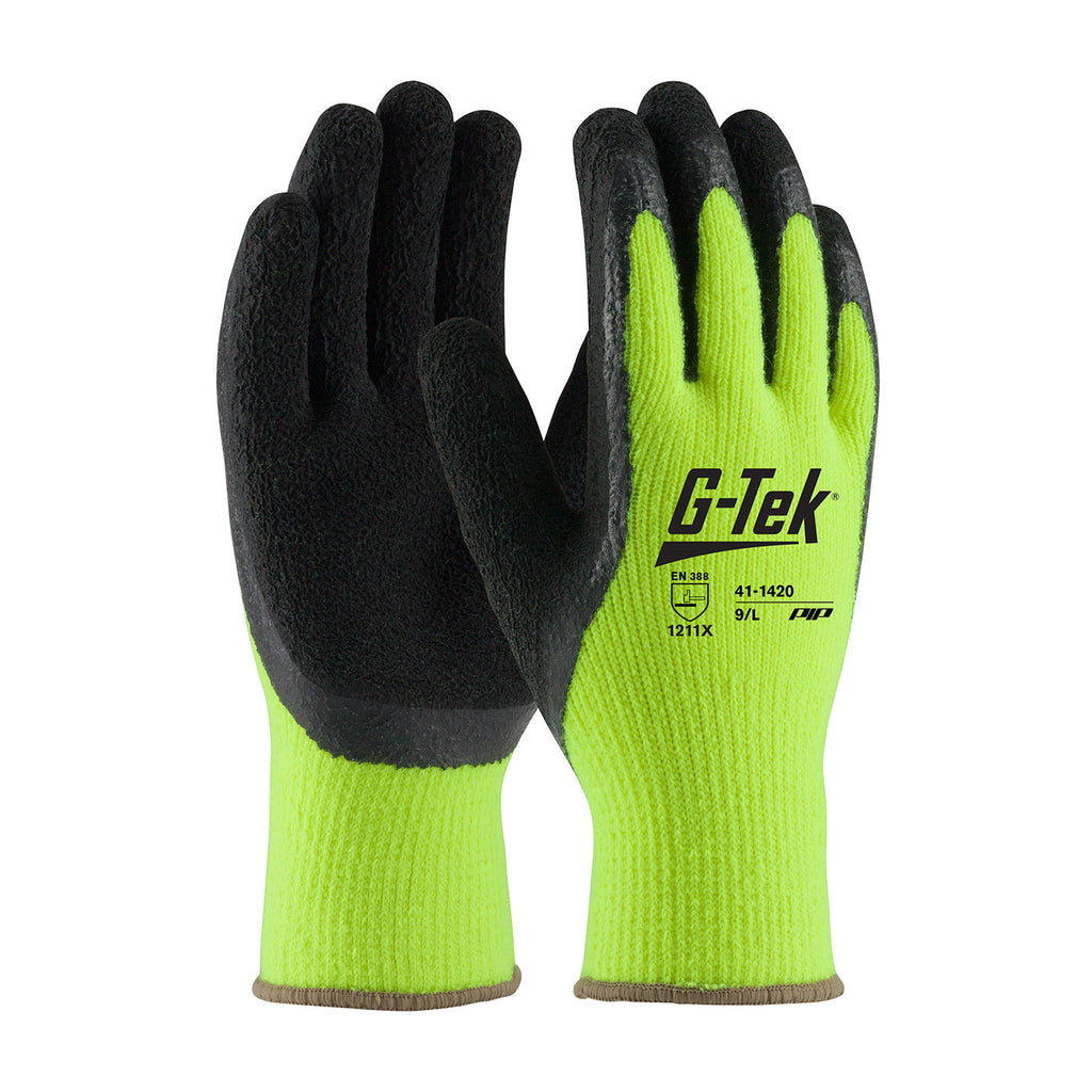 PIP 41-1420 G-Tek Hi-Vis Seamless Knit Acrylic with Latex Coated Crinkle Grip on Palm, Fingers and Thumb Glove (One Dozen)