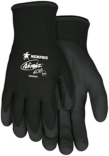 a pair of black nylon palm and fingertips gloves from MCR Safety brand