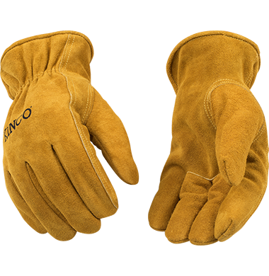 Kinco 50RL-KM Kids Golden Full Suede Cowhide Easy-On Cuff Shirred Elastic Wrist Drivers Gloves (One Dozen)