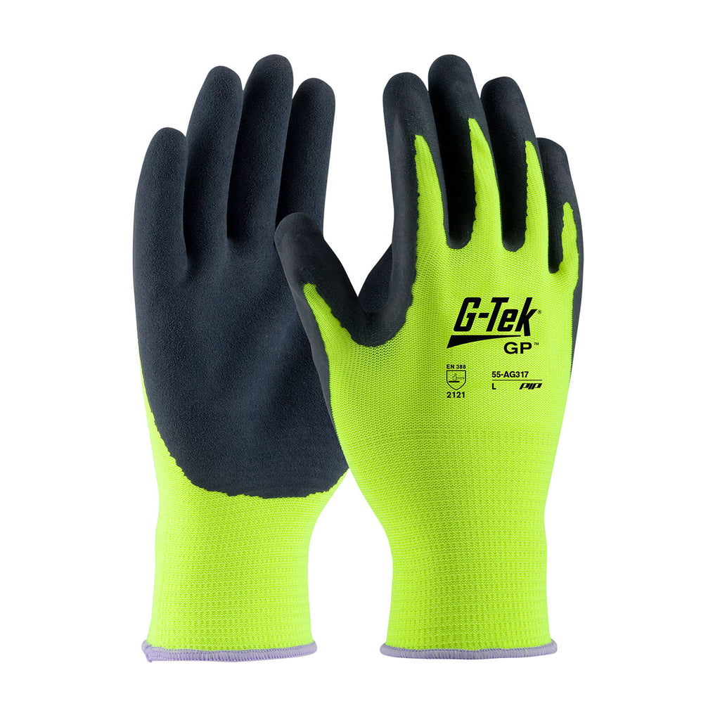 PIP 55-AG317 G-Tek Hi-Vis Seamless Knit Polyester Glove with Latex Coated MicroSurface Grip on Palm and Fingers (One Dozen)
