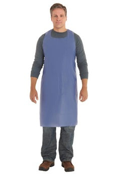 a meat packer wearing blue durable PVC aprons from Ansell brand