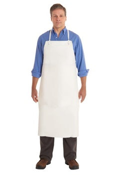 a butcher wearing a white PVC apron from Ansell