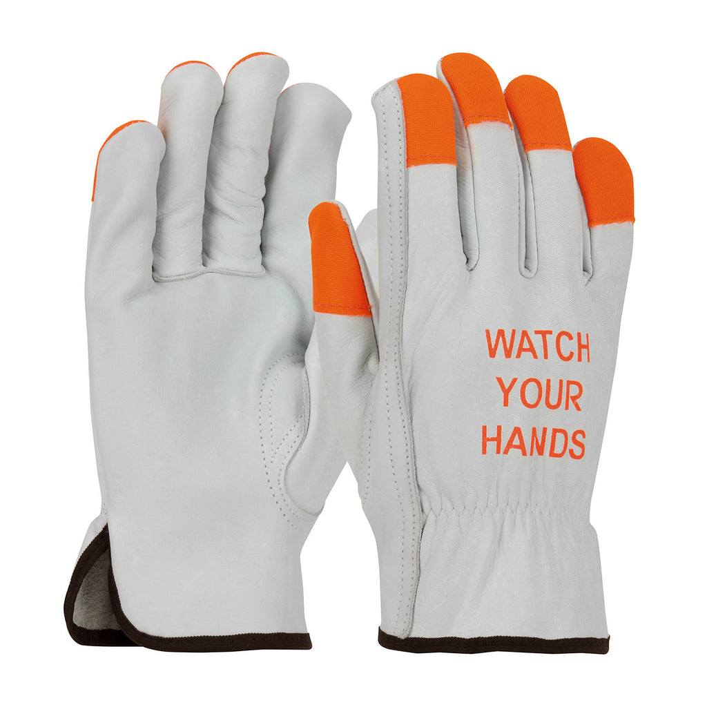 PIP 68-162HV Top Grain Cowhide Leather Drivers Hi-Vis Fingertips and "Watch Your Hands" Logo Gloves(One Dozen)