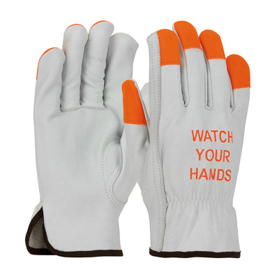 PIP 68-162HV Top Grain Cowhide Leather Drivers Hi-Vis Fingertips and 
