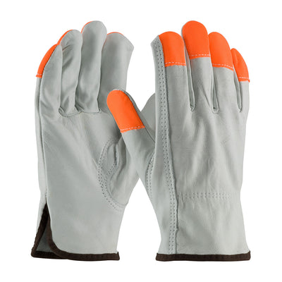 PIP 68-163HV Top Grain Cowhide Leather Drivers Hi-Vis Fingertips Gloves (One Dozen)