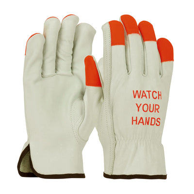 PIP 68-165HV Top Grain Cowhide Leather Drivers Hi-Vis Fingertips Gloves (One Dozen)