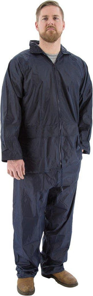 a food factory worker wearing a dark blue PVC coated rainsuit
