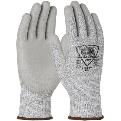 a pair of gray work gloves with polyurethane palm coating