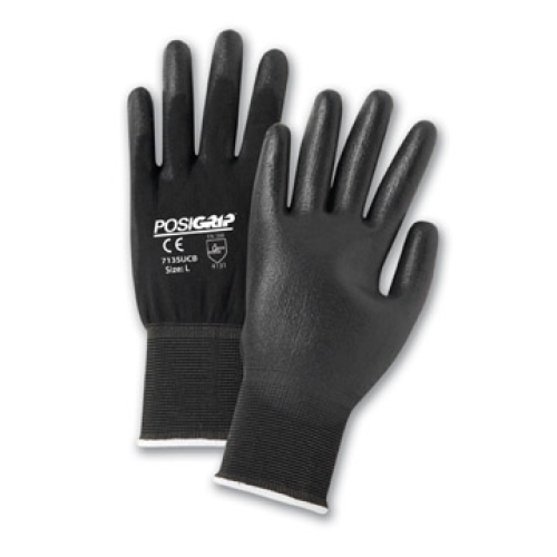 West Chester 713SUCB G-Tek PosiGrip Work Gloves Black Seamless Knit Nylon with Polyurethane Coated Flat Grip on Palm and Fingers (One Dozen)