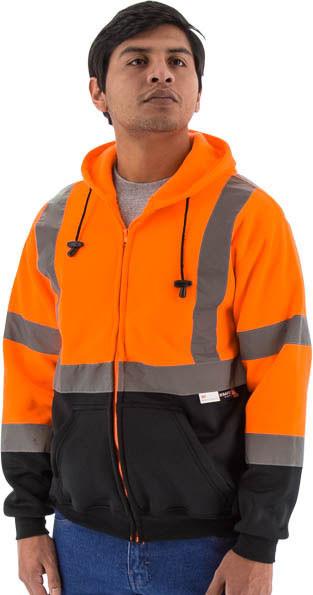 Majestic 75-5326 Deluxe High Visibility Orange With Zipper Closure Hooded Sweatshirt , Ansi 3, Type R