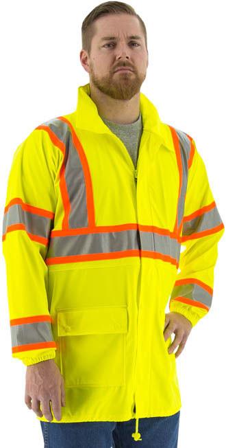 a highway worker wearing high visibility rain jacket from Majestic brand