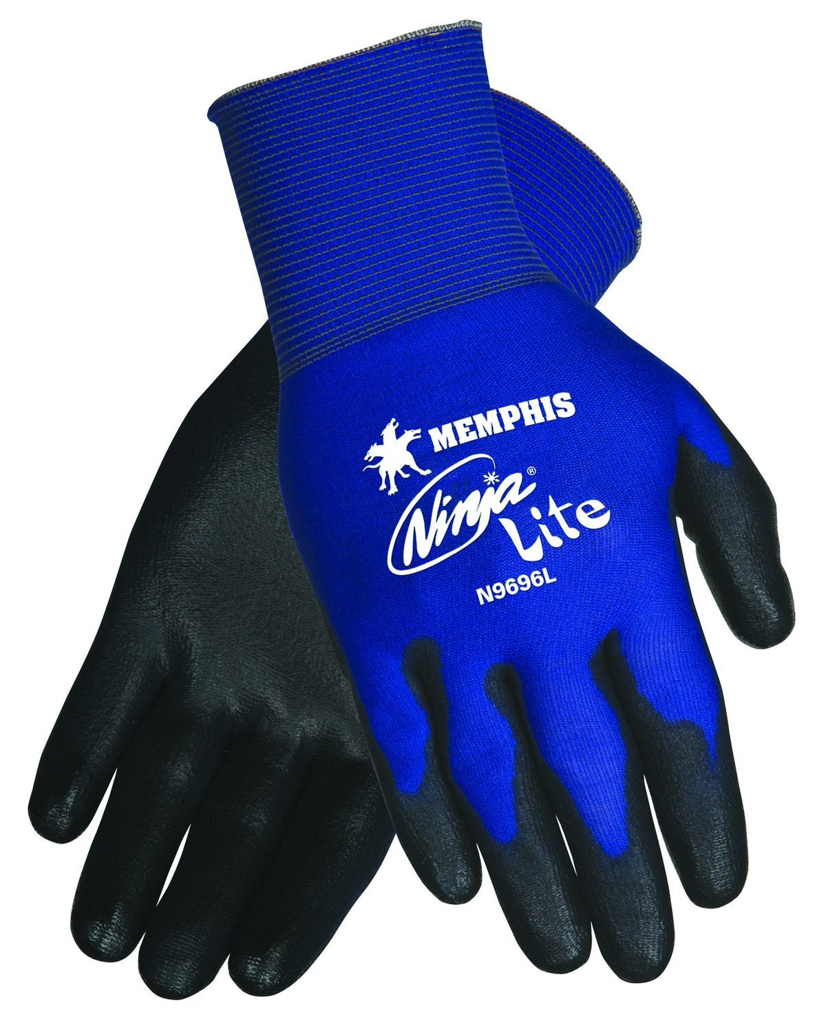 Memphis Glove N9696S Ninja Lite Polyurethane Palm Athletic Grade Nylon Shell Gloves, Black/Blue, (One Dozen) - image 1