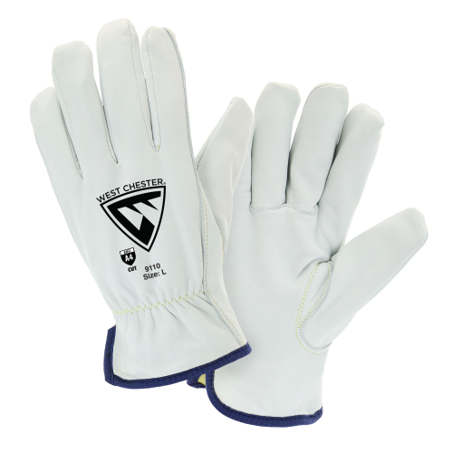 a pair of white cut-resistant drivers gloves from West Chester brand