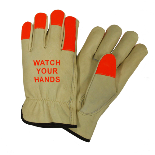 West Chester 990KOT Regular Grade Top Grain Cowhide Leather with Hi-Vis Fingertips and "WATCH YOUR HANDS" Logo Driver Gloves (One Dozen)