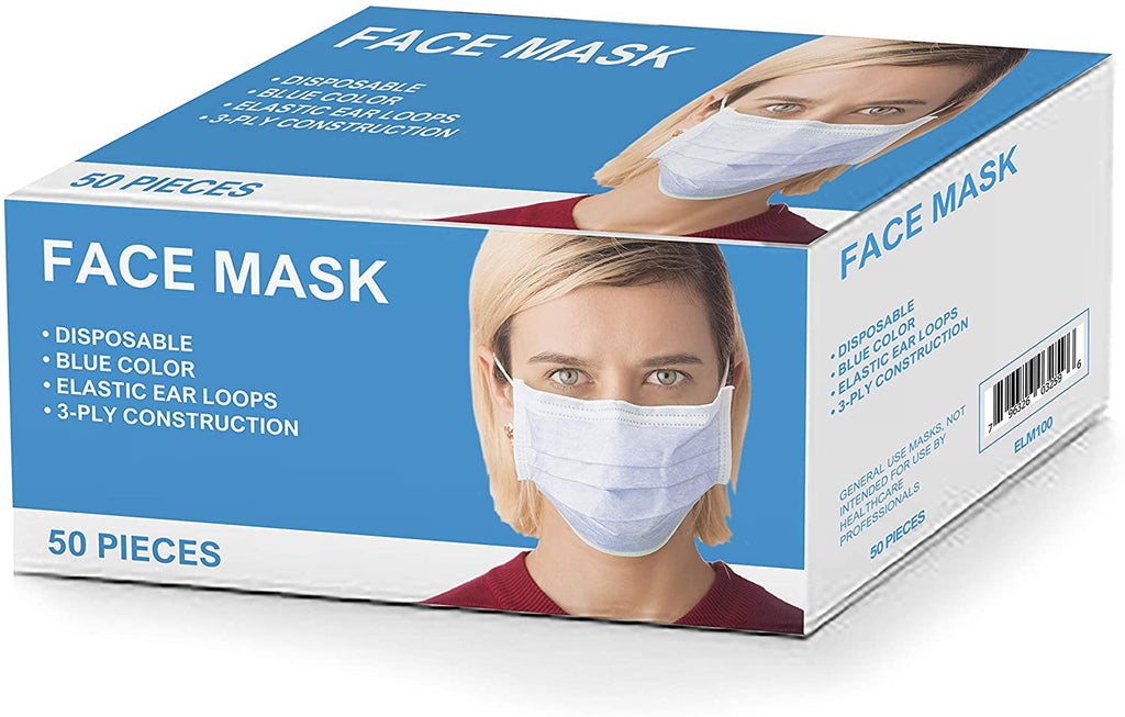 ELM100 Latex Free Disposable 3 Ply Ear Loop Face Mask Box of 50