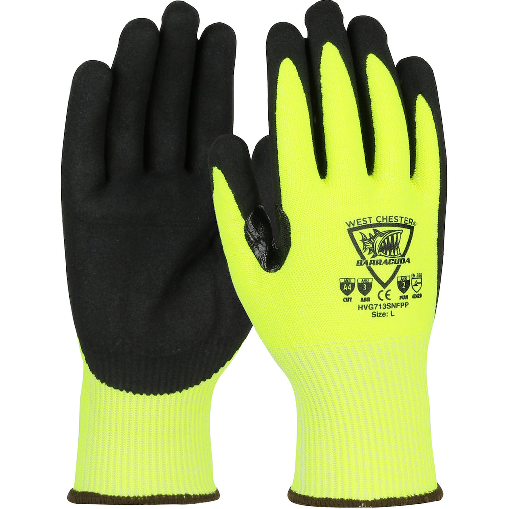 PIP HVG713SNFPP Barracuda Hi-Vis Seamless Knit HPPE Blended Glove with Padded Palm and Nitrile Coated Sandy Touchscreen Compatible (One Dozen)