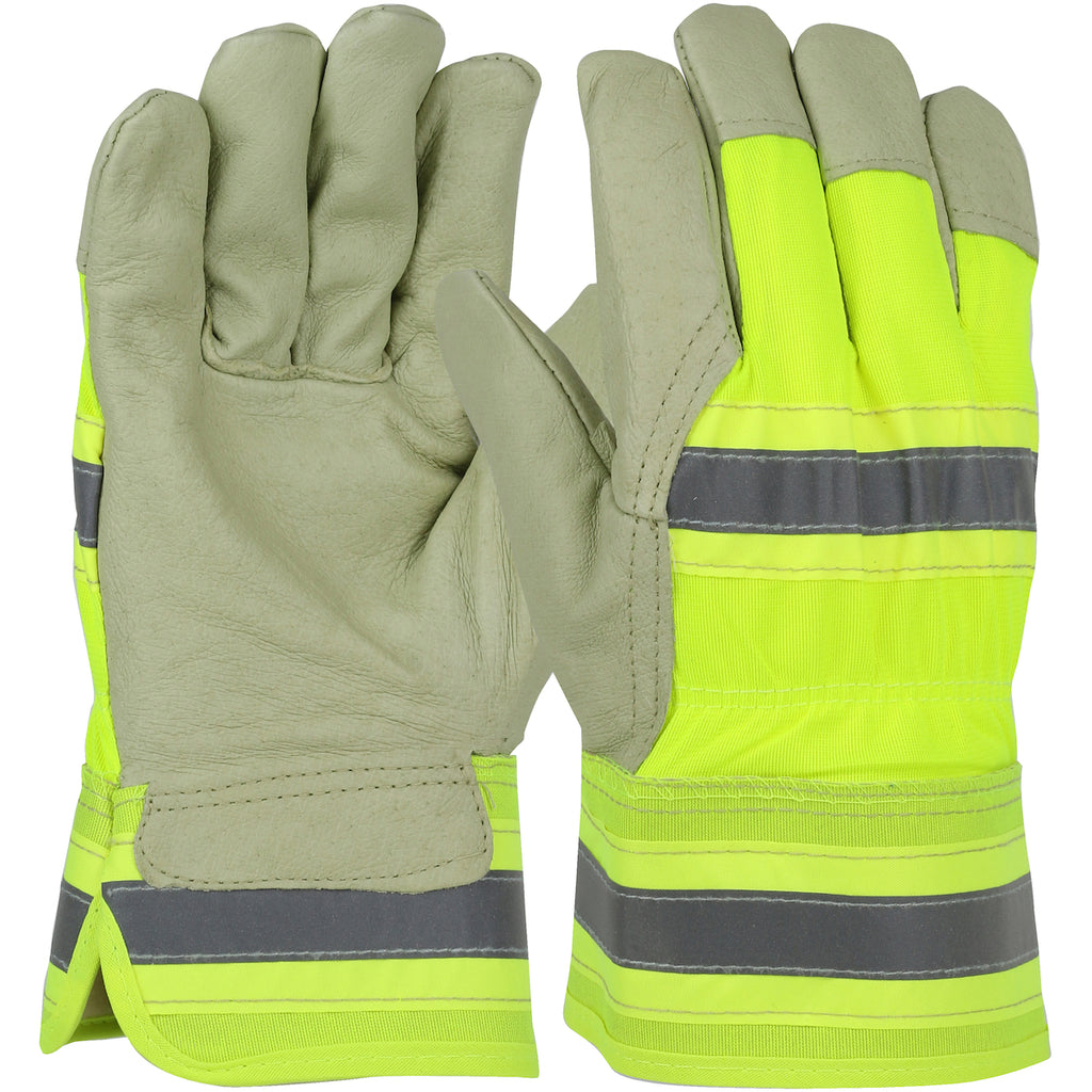 West Chester HVY5555 Pigskin Leather Palm Glove with Hi-Vis Nylon Back and Thermal Lining - Rubberized Safety Cuff (One Dozen)