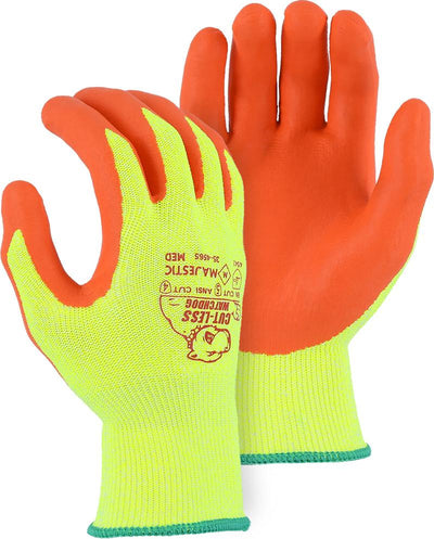 a pair of high visibility seamless knit glove with nitrile palm coating