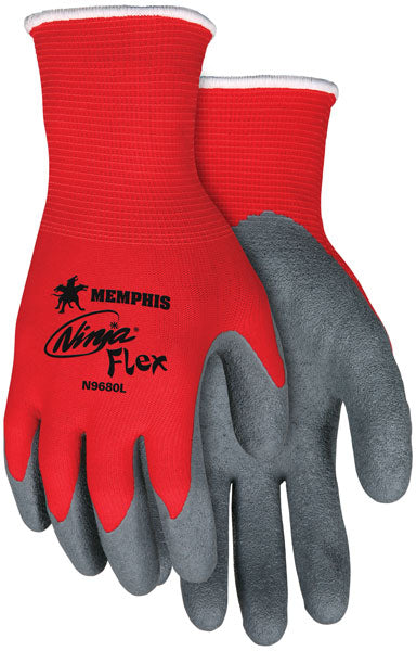 15 Gauge Red Nylon Shell, Gray Latex Palm and Fingers Gloves Ninja N9680 (One Dozen)
